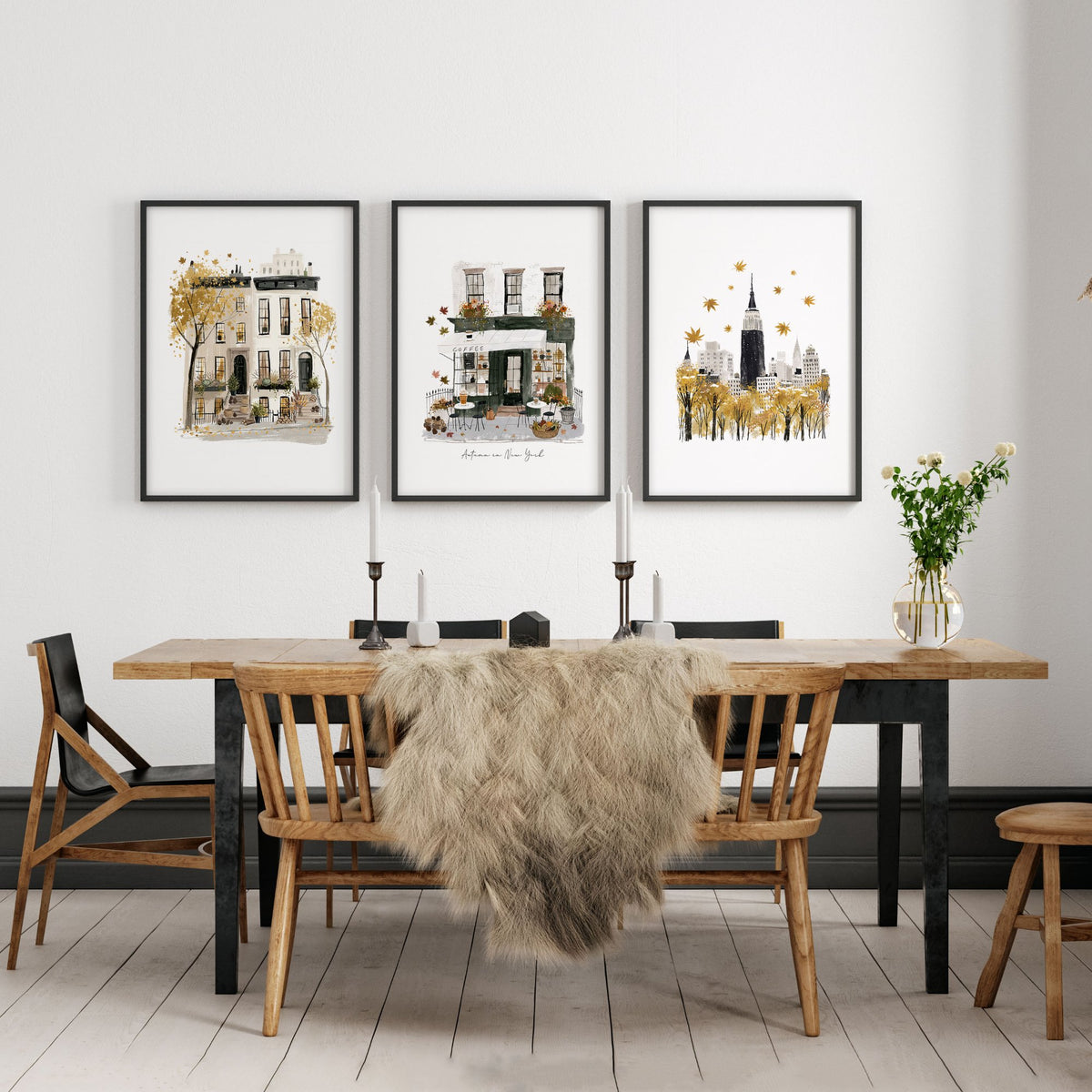Dining Room Wall Art Decor New York Autumn Ochre Travel wall art | "Autumn in New York" displayed on a wall in a styled room — view 6