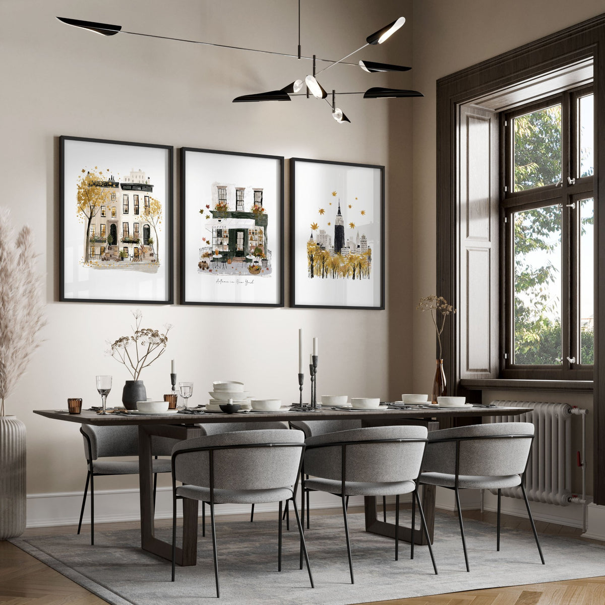 Dining Room Wall Art Decor New York Autumn Ochre Travel wall art | "Autumn in New York" displayed on a wall in a styled room — view 7