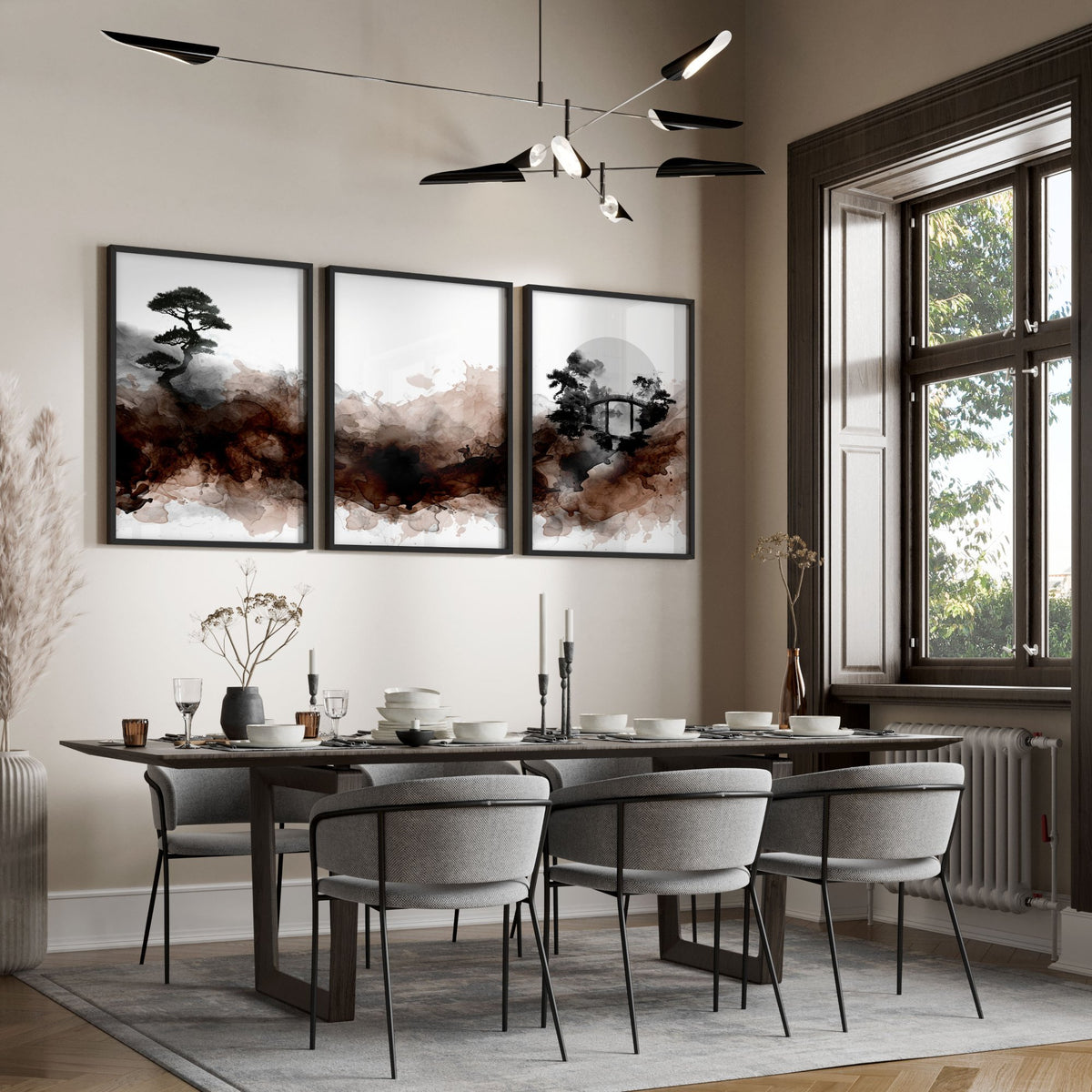 Japandi Japanese Ink Wash Landscape Dining Room Wall Art displayed on a wall in a styled room