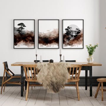 Japandi Japanese Ink Wash Landscape Dining Room Wall Art displayed on a wall in a styled room — view 2