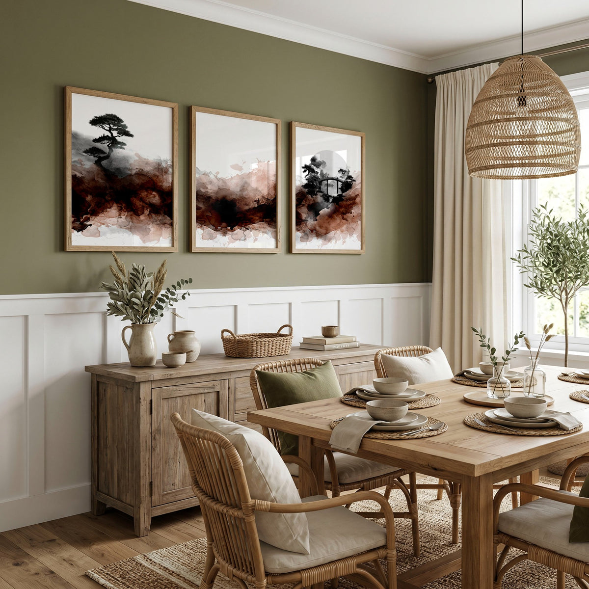 Japandi Japanese Ink Wash Landscape Dining Room Wall Art displayed on a wall in a styled room — view 3