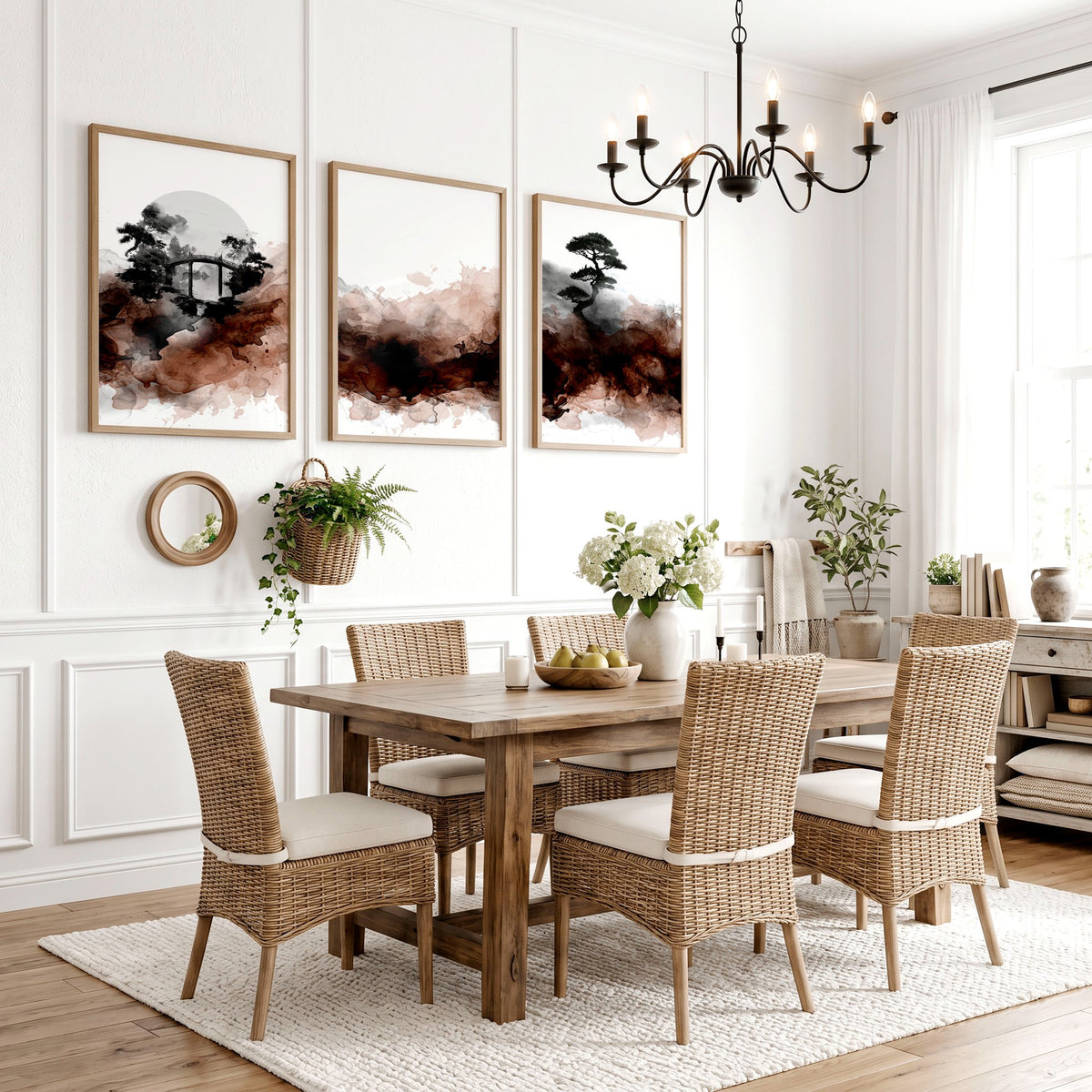 Japandi Japanese Ink Wash Landscape Dining Room Wall Art displayed on a wall in a styled room — view 4