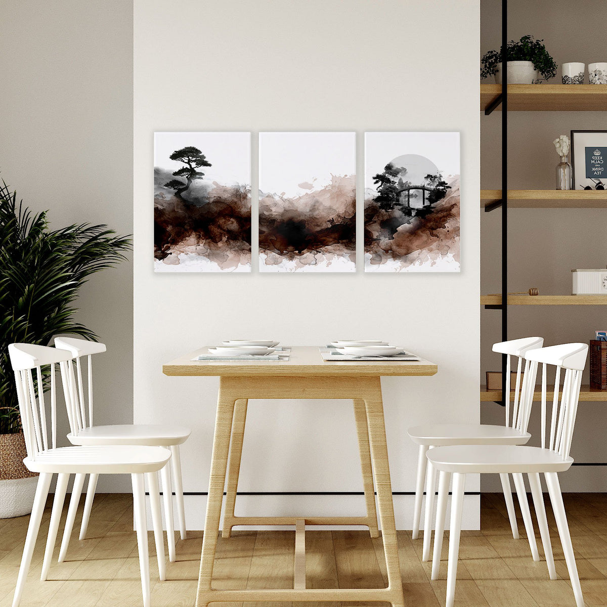 Japandi Japanese Ink Wash Landscape Dining Room Wall Art displayed on a wall in a styled room — view 7