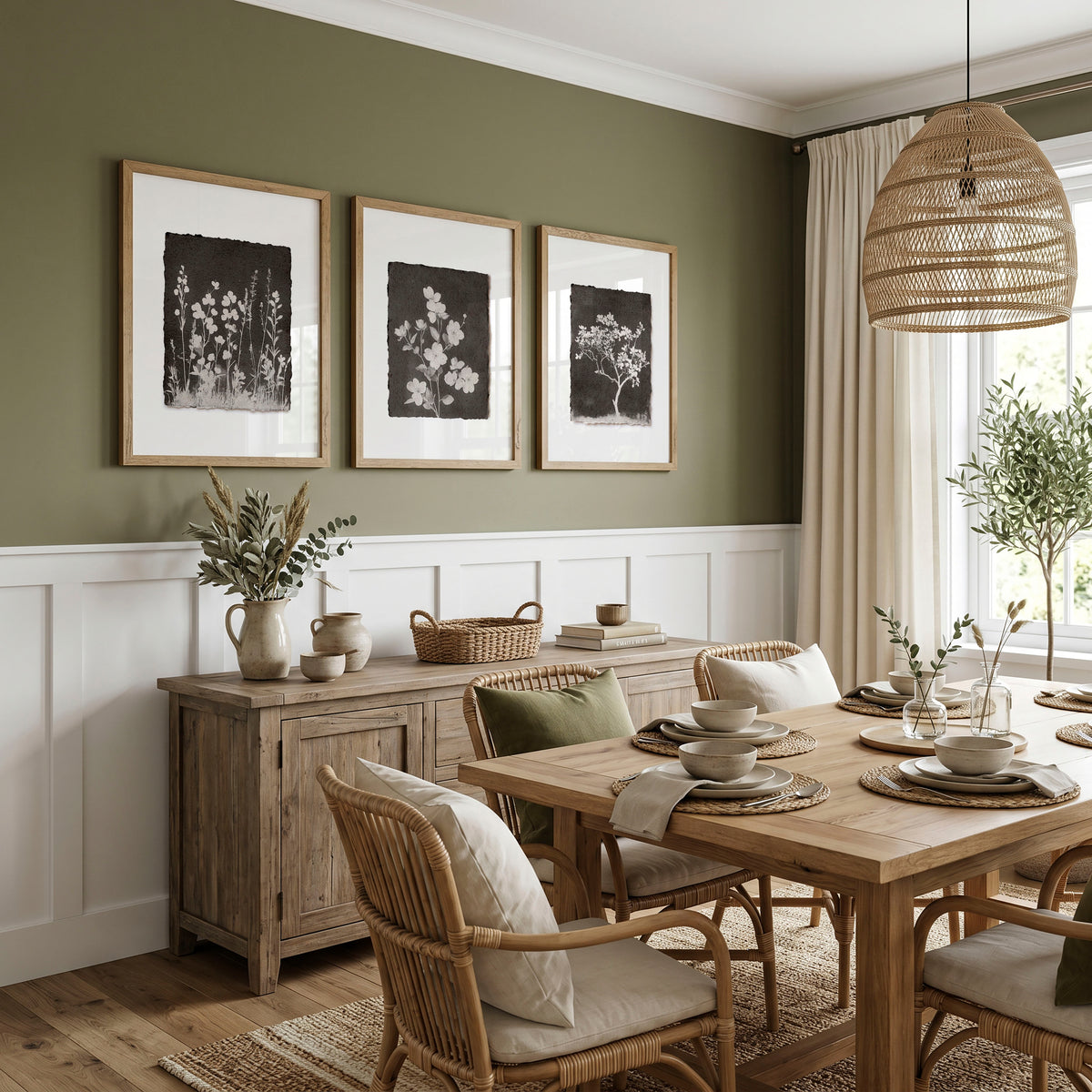 Dining Room Wall Decor French Country Botanical White Wildflowers & Blossom on Dark Brown displayed on a wall in a styled room