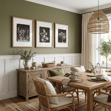 Dining Room Wall Decor French Country Botanical White Wildflowers & Blossom on Dark Brown displayed on a wall in a styled room