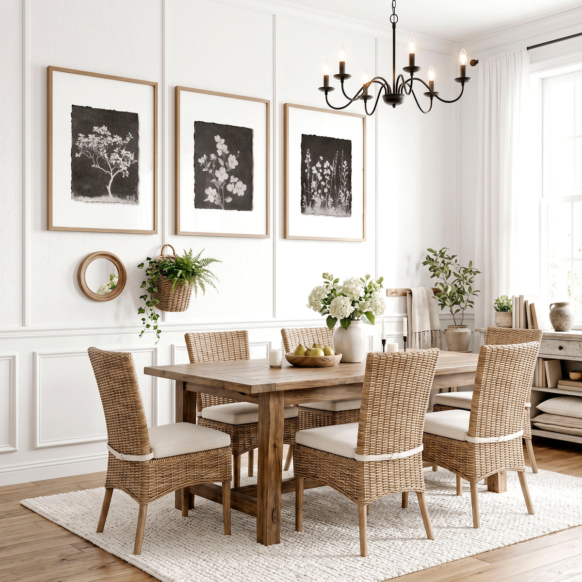 Dining Room Wall Decor French Country Botanical White Wildflowers & Blossom on Dark Brown displayed on a wall in a styled room — view 2