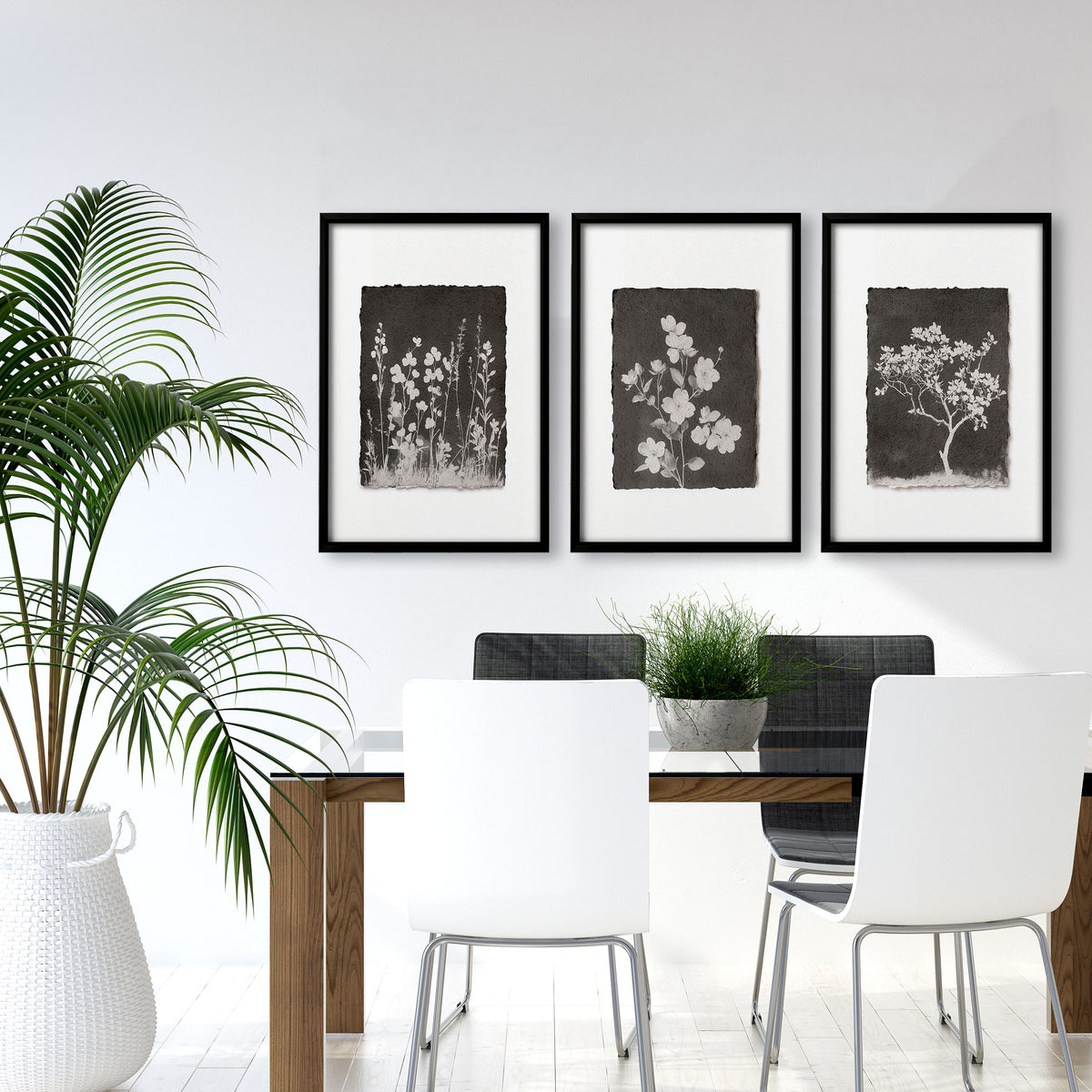 Dining Room Wall Decor French Country Botanical White Wildflowers & Blossom on Dark Brown displayed on a wall in a styled room — view 3