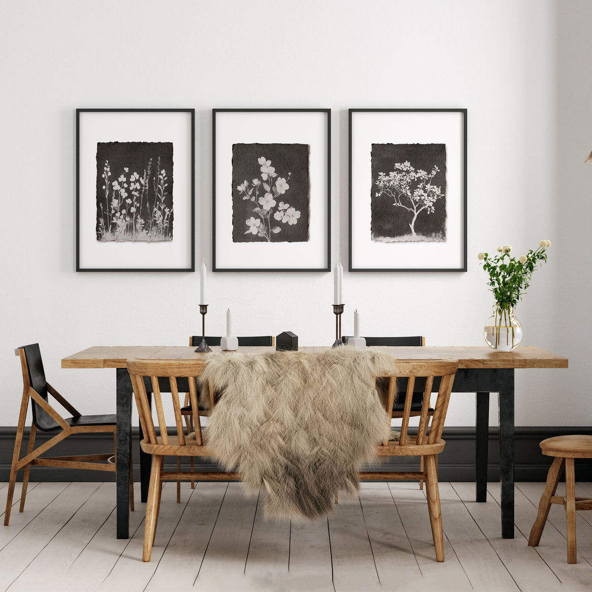 Dining Room Wall Decor French Country Botanical White Wildflowers & Blossom on Dark Brown displayed on a wall in a styled room — view 5
