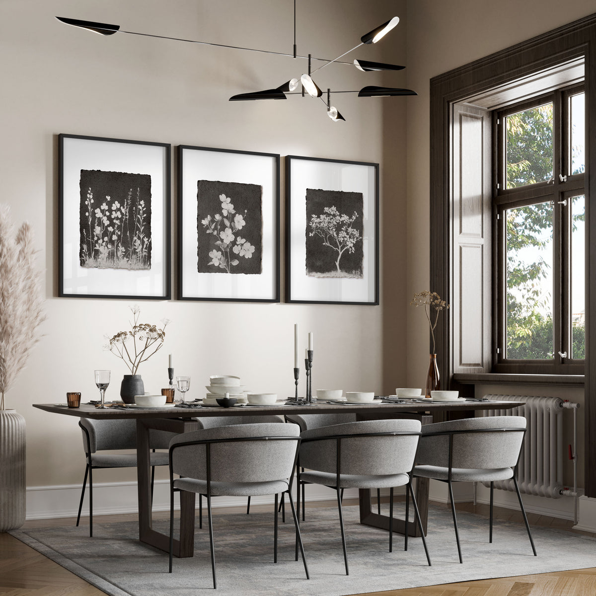 Dining Room Wall Decor French Country Botanical White Wildflowers & Blossom on Dark Brown displayed on a wall in a styled room — view 6