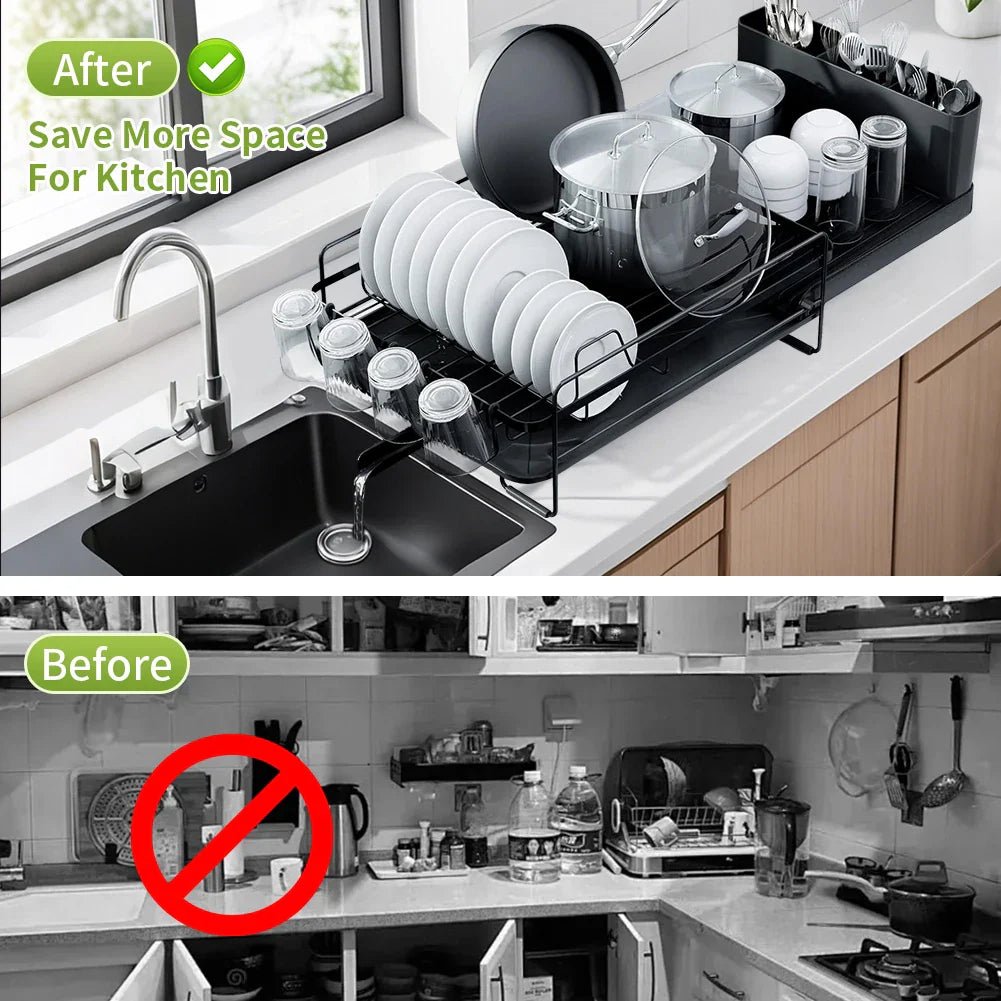 Dish Drainer Rack - Extendable Dish Drainer, Multifunctional Anti - Rust Dish Rack for Kitchen Counter, with Cutlery & Cup Holders