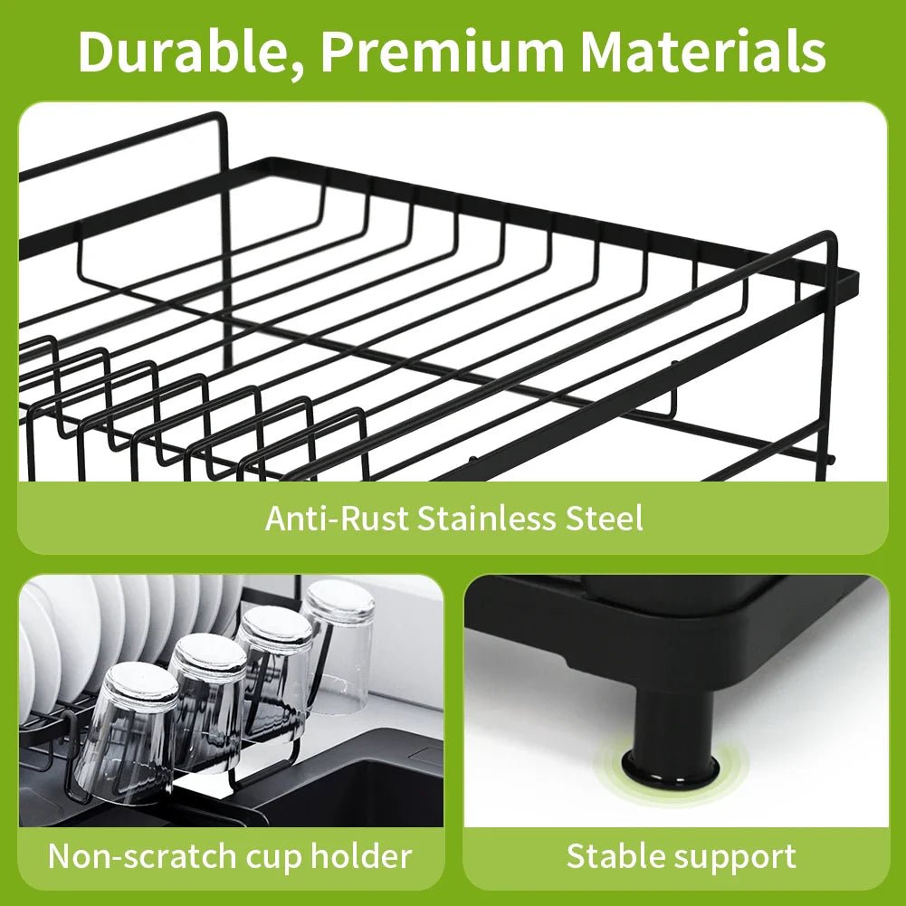 Dish Drainer Rack - Extendable Dish Drainer, Multifunctional Anti - Rust Dish Rack for Kitchen Counter, with Cutlery & Cup Holders