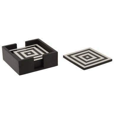 Donato Set of Four Black and White Stripe Coasters with Holder