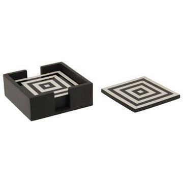 Donato Set of Four Black and White Stripe Coasters with Holder