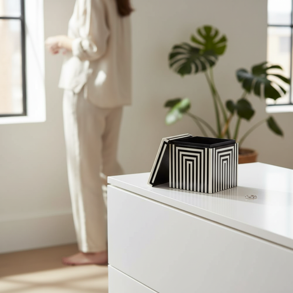 Donato Large Square Black and White Stripe Trinket Box