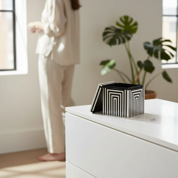 Donato Large Square Black and White Stripe Trinket Box