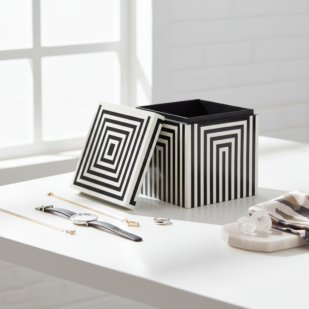 Donato Large Square Black and White Stripe Trinket Box