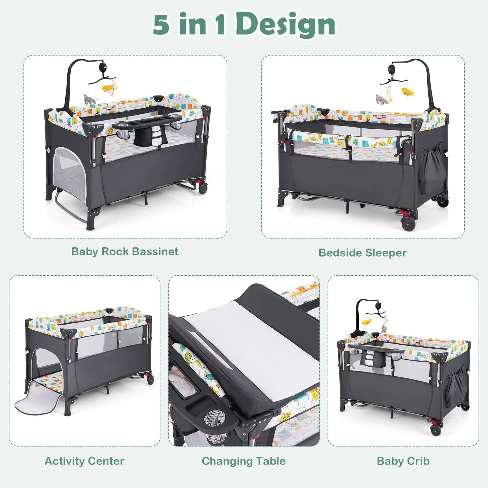 DORTALA 5 - in - 1 Baby Bassinet Bedside Sleeper Portable Pack and Play - Grey