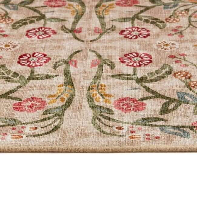 Eco - Washable Beige Rug Floral Design