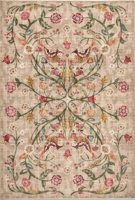 Eco - Washable Beige Rug Floral Design