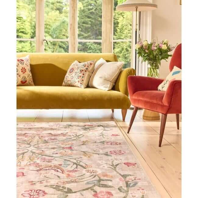 Eco - Washable Beige Rug Floral Design