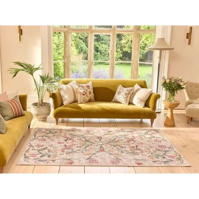 Eco - Washable Beige Rug Floral Design