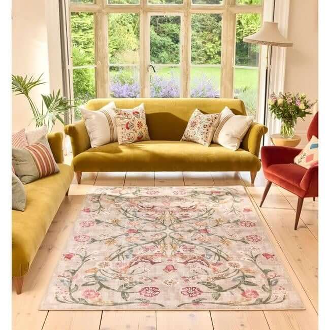 Eco - Washable Beige Rug Floral Design