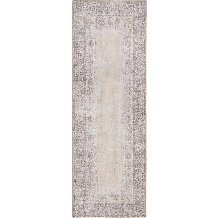 Eco - Washable Grey Rug Bordered Design