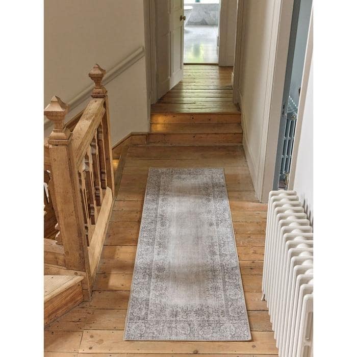 Eco - Washable Grey Rug Bordered Design