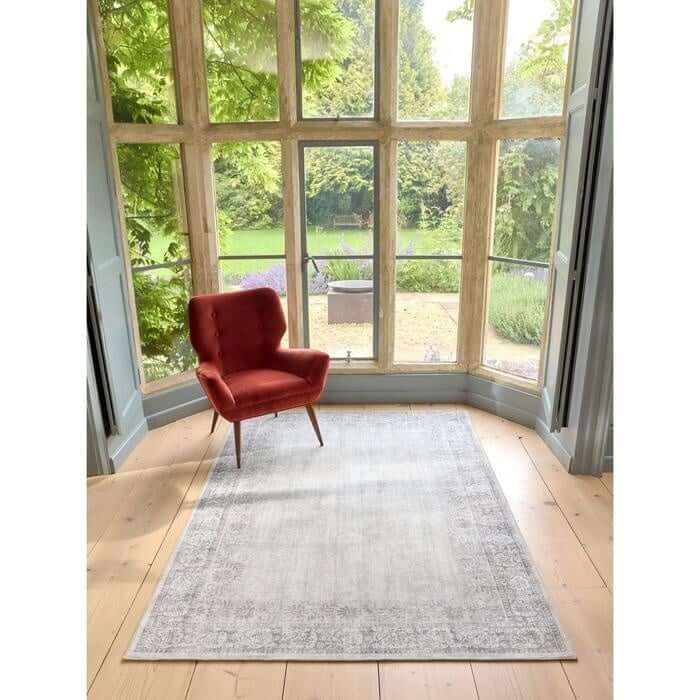 Eco - Washable Grey Rug Bordered Design
