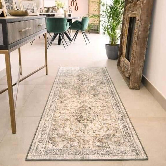 Eco - Washable Grey Rug Bordered Design