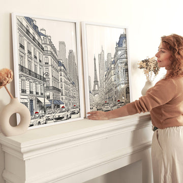 Eiffel Tower Art Paris Street Scene Line Drawing wall art displayed on a wall in a styled room