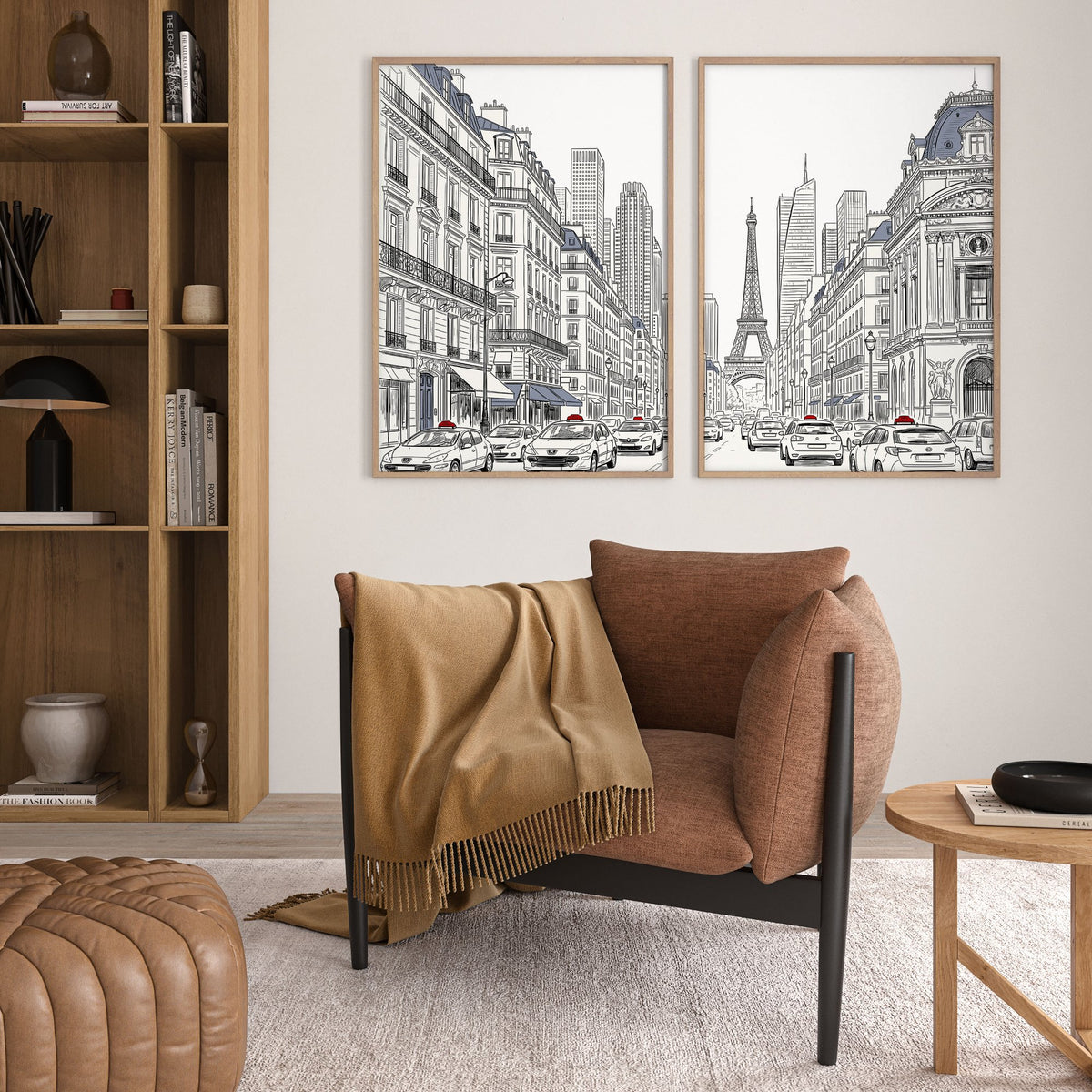 Eiffel Tower Art Paris Street Scene Line Drawing wall art displayed on a wall in a styled room — view 2