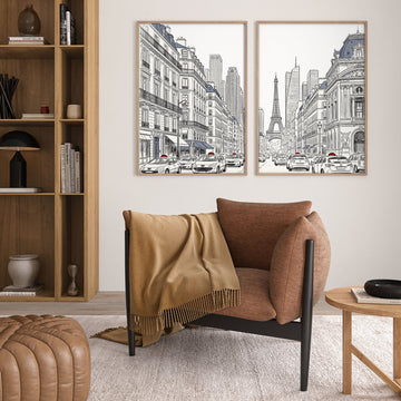 Eiffel Tower Art Paris Street Scene Line Drawing wall art displayed on a wall in a styled room — view 2