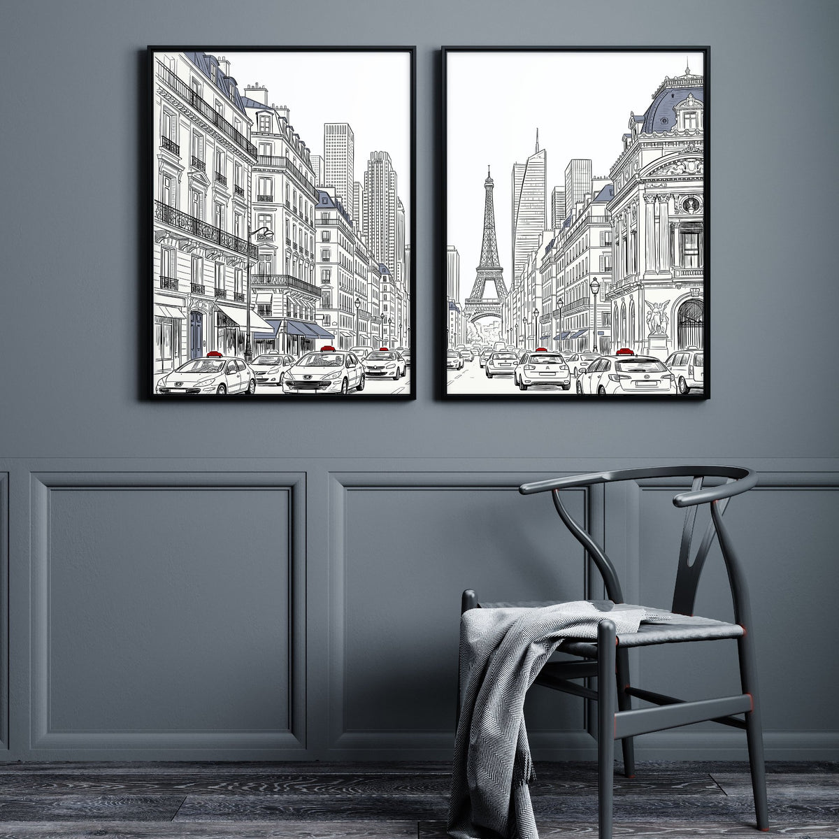 Eiffel Tower Art Paris Street Scene Line Drawing wall art displayed on a wall in a styled room — view 3