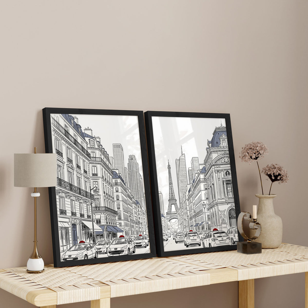 Eiffel Tower Art Paris Street Scene Line Drawing wall art displayed on a wall in a styled room — view 4