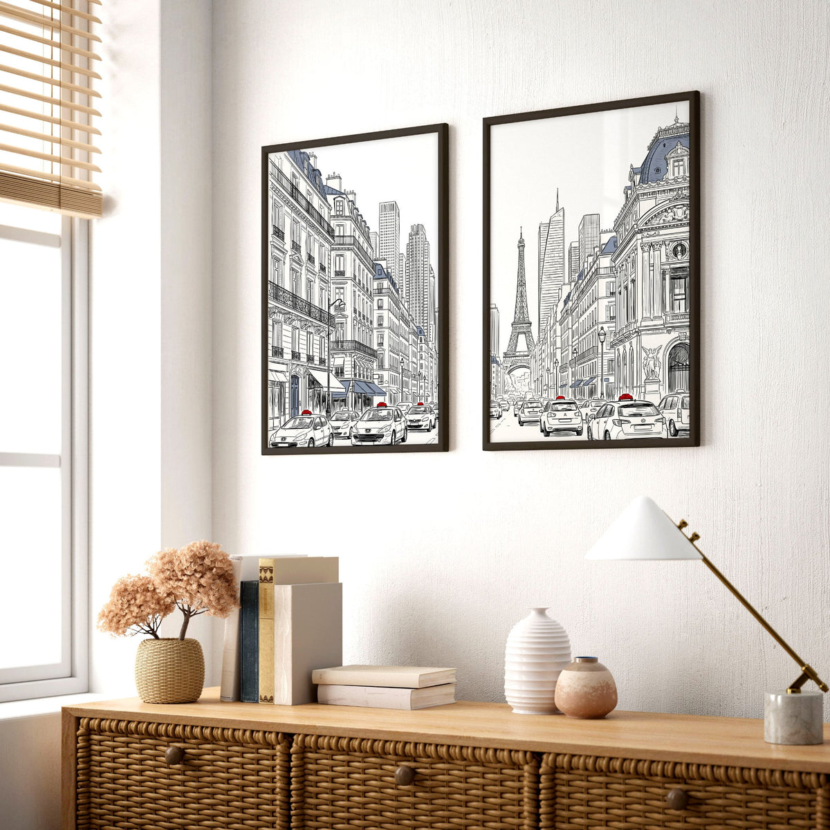 Eiffel Tower Art Paris Street Scene Line Drawing wall art displayed on a wall in a styled room — view 5
