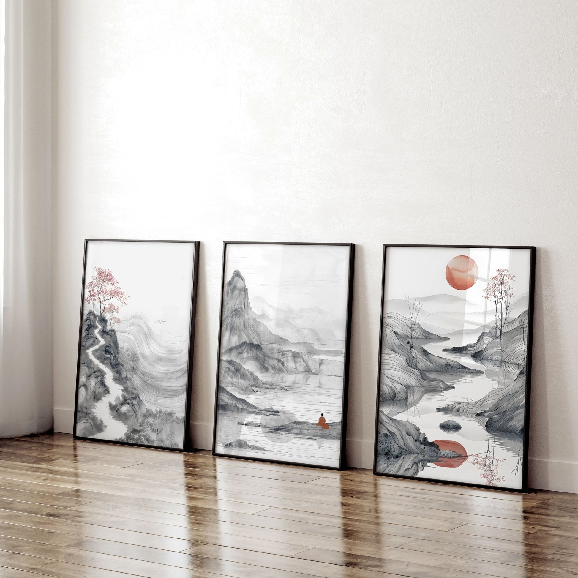 Extra Large Wall Art Framed | Set of 3 Asian Inspired Wall art Prints