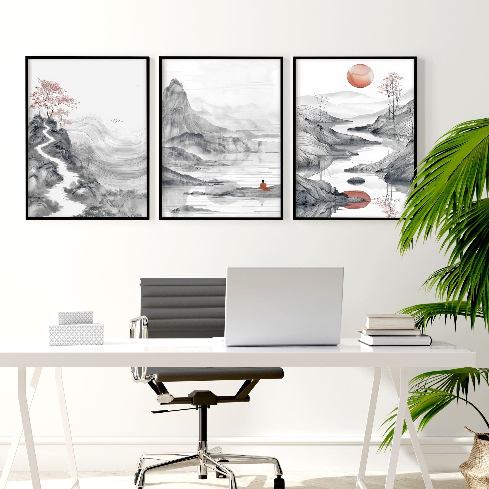 Extra Large Wall Art Framed | Set of 3 Asian Inspired Wall art Prints
