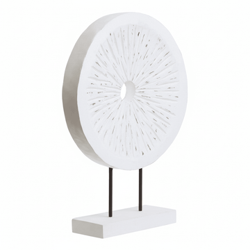 Fidel Distressed White Carved Wood Large Round Sculpture