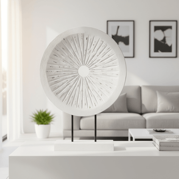 Fidel Distressed White Carved Wood Large Round Sculpture