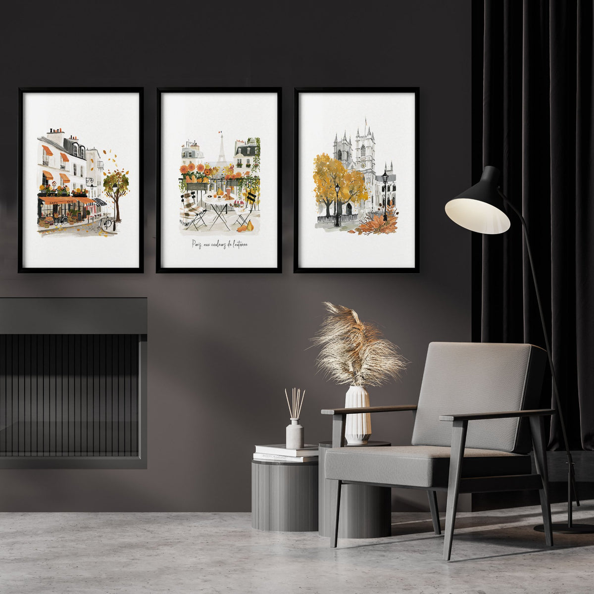 Paris Fireplace Wall Art | Autumn Eiffel Tower, Montmartre Café & Notre-Dame Watercolour wall art "Paris aux couleurs de l'automne" displayed on a wall in a styled room
