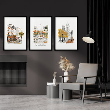 Paris Fireplace Wall Art | Autumn Eiffel Tower, Montmartre Café & Notre-Dame Watercolour wall art "Paris aux couleurs de l'automne" displayed on a wall in a styled room