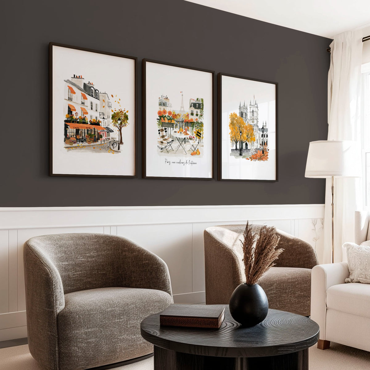 Paris Fireplace Wall Art | Autumn Eiffel Tower, Montmartre Café & Notre-Dame Watercolour wall art "Paris aux couleurs de l'automne" displayed on a wall in a styled room — view 2