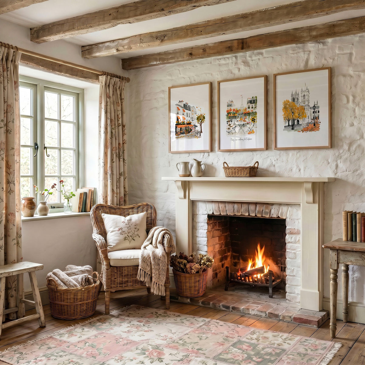 Paris Fireplace Wall Art | Autumn Eiffel Tower, Montmartre Café & Notre-Dame Watercolour wall art "Paris aux couleurs de l'automne" displayed on a wall in a styled room — view 3