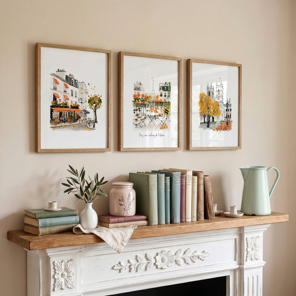 Paris Fireplace Wall Art | Autumn Eiffel Tower, Montmartre Café & Notre-Dame Watercolour wall art "Paris aux couleurs de l'automne" displayed on a wall in a styled room — view 4