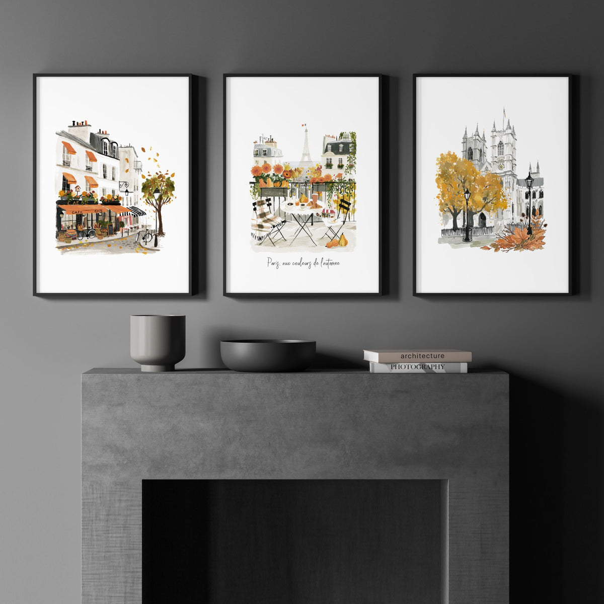 Paris Fireplace Wall Art | Autumn Eiffel Tower, Montmartre Café & Notre-Dame Watercolour wall art "Paris aux couleurs de l'automne" displayed on a wall in a styled room — view 5