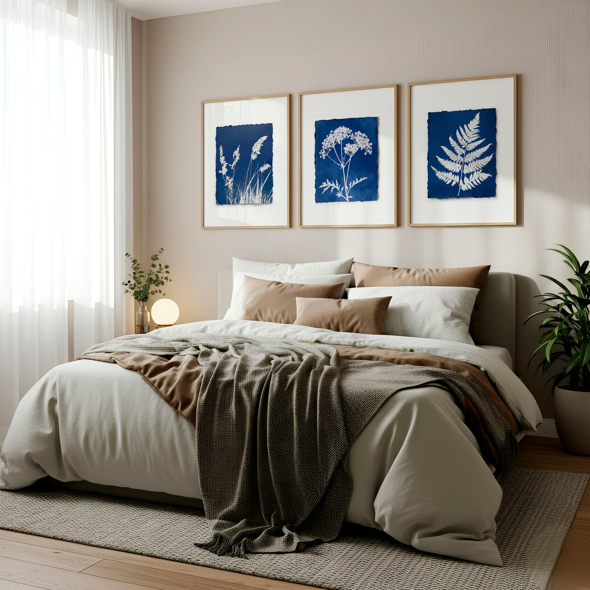 Floral Art Wall Cyanotype Botanical Indigo & White Wildflower wall art displayed on a wall in a styled room — view 3