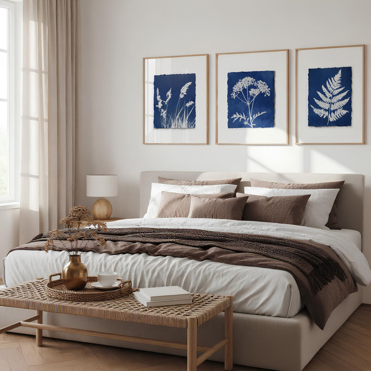 Floral Art Wall Cyanotype Botanical Indigo & White Wildflower wall art displayed on a wall in a styled room — view 4