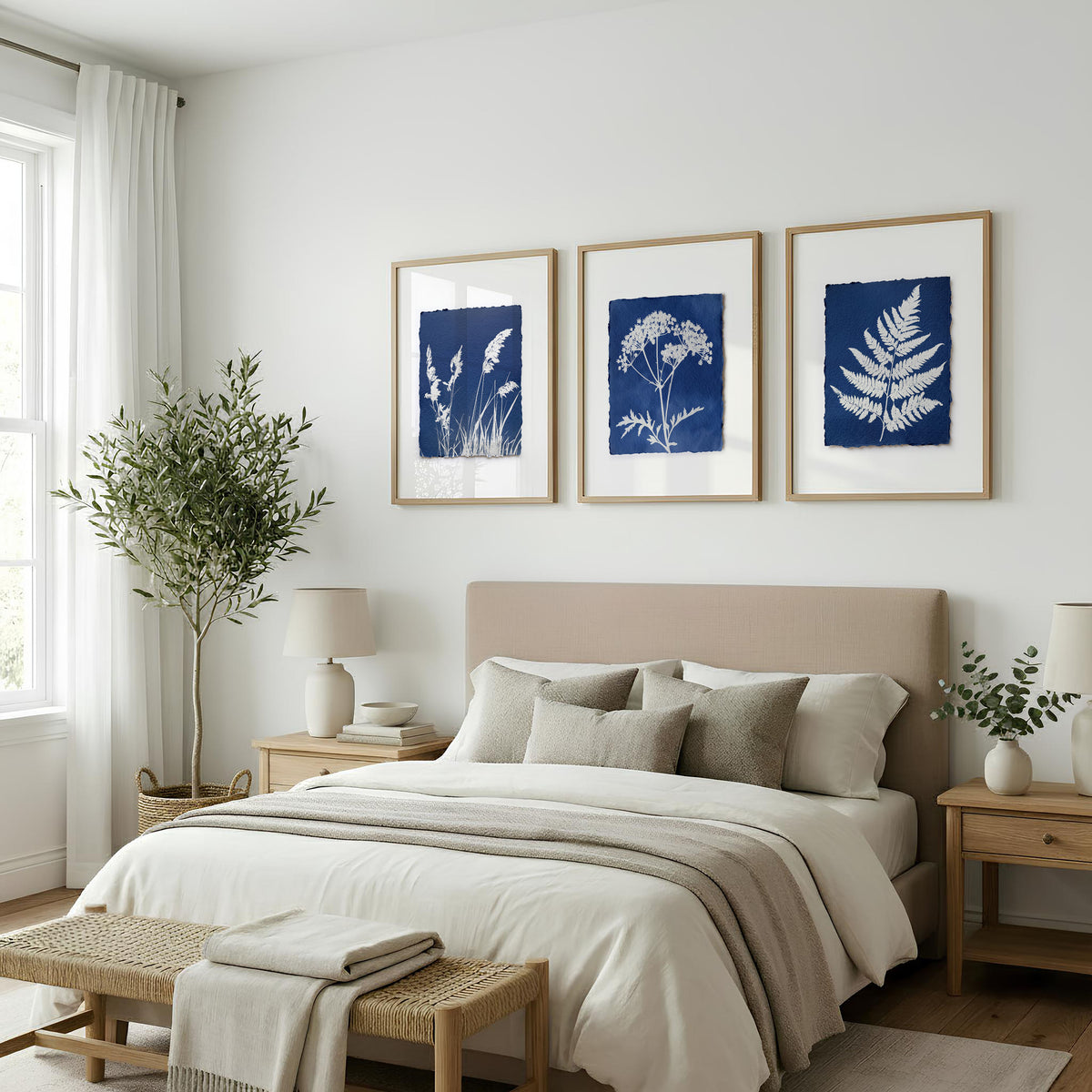 Floral Art Wall Cyanotype Botanical Indigo & White Wildflower wall art displayed on a wall in a styled room — view 5