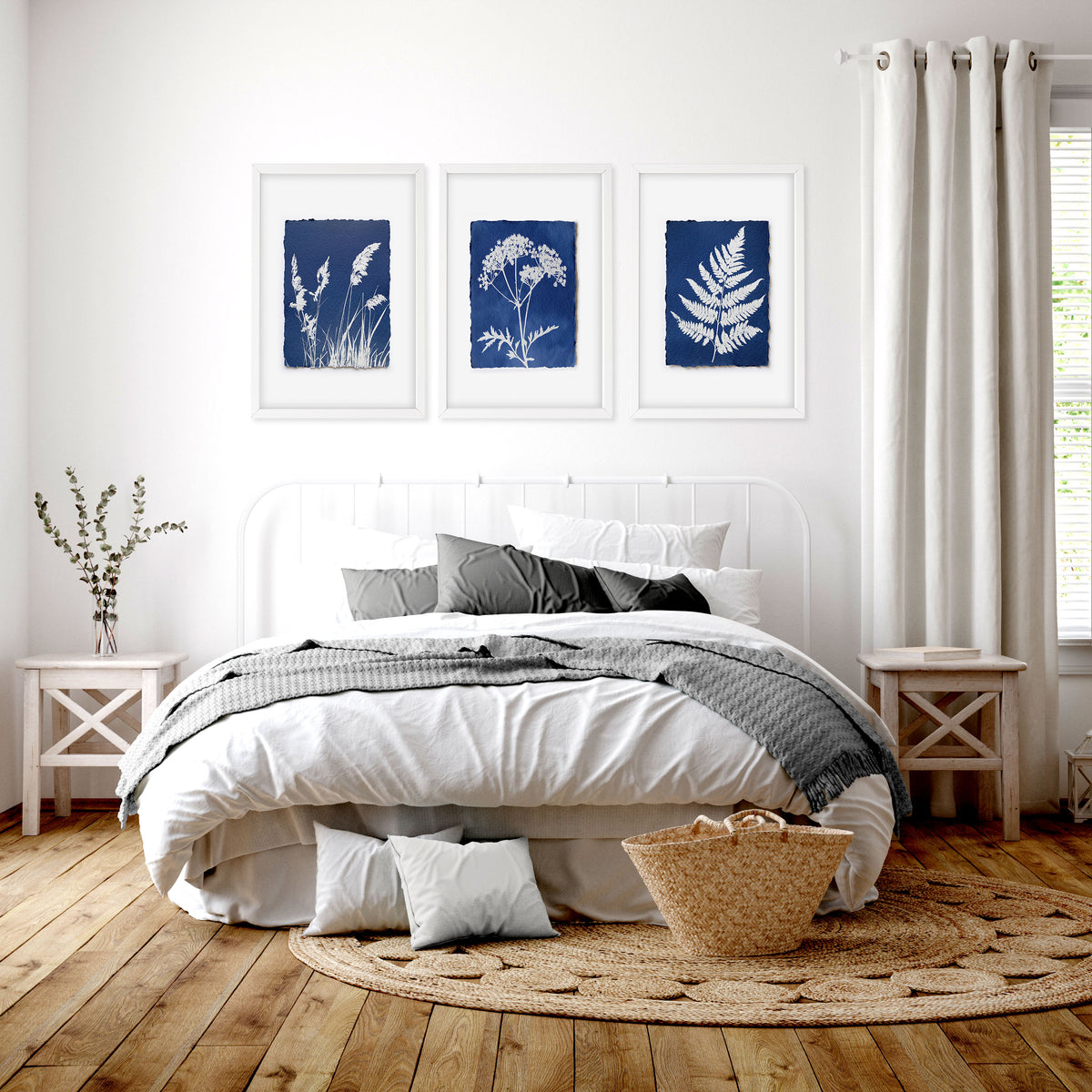 Floral Art Wall Cyanotype Botanical Indigo & White Wildflower wall art displayed on a wall in a styled room — view 6